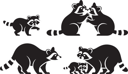 Set of wild raccoons family. Adult raccoons play. Cute raccoon calf. Clever wild animals © Pappu0099