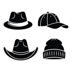 Collection of four distinct headwear styles in silhouette for fashion and apparel design projects