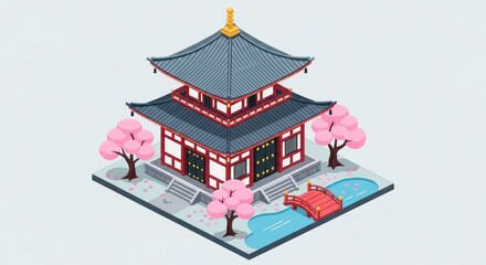 Isometric illustration showcasing a traditional Japanese pagoda with cherry blossom trees provides