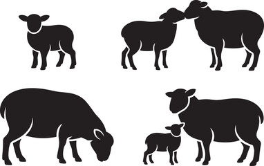 Sheep set black silhouettes farm animal agriculture livestock mammal pasture domestic