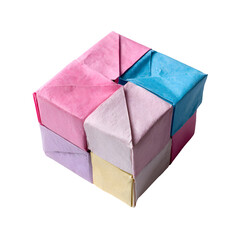 Colorful origami geometric sun polyhedron sculpture isolated on a white background, a unique folded paper art piece