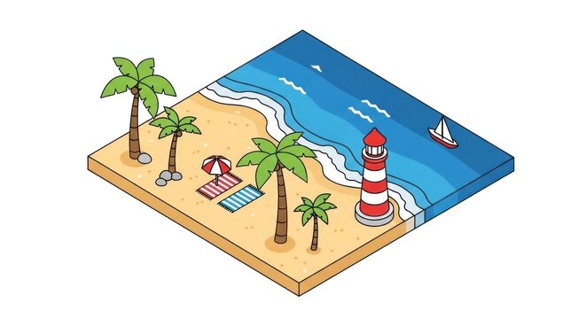 Isometric tropical beach scene with palm trees, lighthouse, and sailboat illustration - Powered by Adobe