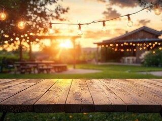 Empty wooden table with hanging lights and blurred background in a cozy setting