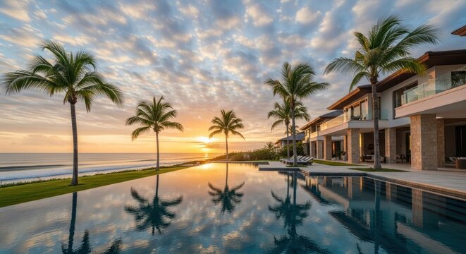 Luxury beachfront villa with infinity pool reflecting palm trees and sunset skies - Powered by Adobe