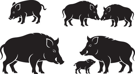 Silhouette collection wild boars family, wild boar piglet, adult wild boar, isolated on transparent background