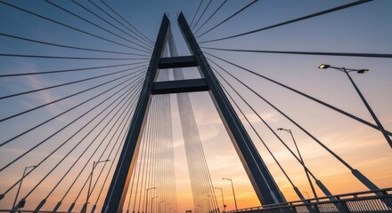 Fototapeta premium Magnificent cable stayed bridge architecture against the backdrop of a vibrant sunset sky