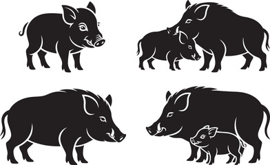 Wild Boar Character Set: Adult, Couple, Mother with Piglet, Side Profile on Transparent Background