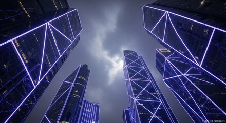 Modern architecture skyscrapers in Hong Kong with dramatic lighting and sky, futuristic cityscape