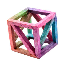 Vibrant multi-colored wooden geometric cube structure, handcrafted and isolated against a pristine white background, showcasing abstract artistry and intricate design