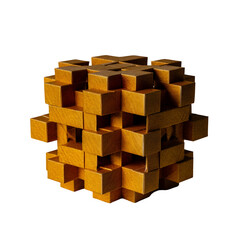 A complex three-dimensional wooden cube puzzle with interlocking blocks forming an abstract geometric tessellation, isolated on a white background