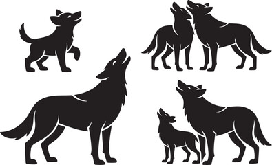Wolf Family Silhouette Set Mother Baby Adults Wild Forest Animal Poses Vector