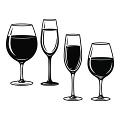 Collection of elegant wine and champagne glasses filled with dark beverages