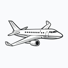 Illustration of a flying airplane with visible engine and windows.