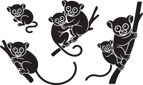 Tarsier silhouette set adult baby animal wild nocturnal primate tropical vector