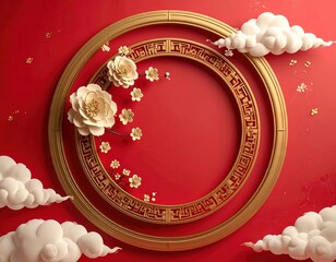 Festive arrangement on a vibrant red backdrop, adorned with golden concentric circles, delicate white flowers, and fluffy clouds