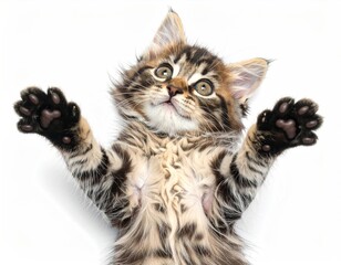 Fluffy kitten lies on its back, paws extended, looking upward with wide eyes. Furry, small, and cute, on plain white background