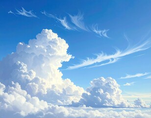 Serene skyscape featuring puffy white clouds against a vibrant blue canvas, offering a peaceful and ethereal vista