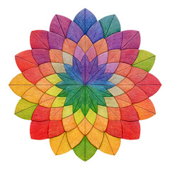 A captivating intricate geometric pattern, tessellated with vibrant rainbow-colored leaf-like elements forming a beautiful floral design, meticulously isolated on a clean white background