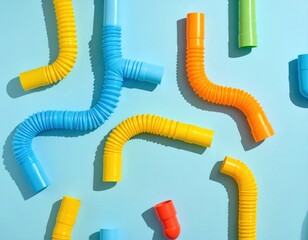 Multicolored corrugated tubes, artfully curved, cast playful shadows on a serene, light blue backdrop, creating a whimsical, abstract composition