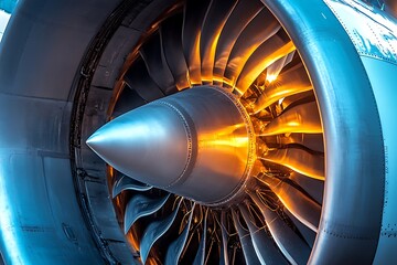 Close up view of a jet engine with visible blades and a silver cone in a blue and orange hue