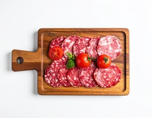 Sliced salami, cherry tomatoes, and basil arranged on a wooden cutting board against a white background, shot from above, high angle