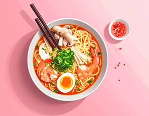 Overhead view of ramen bowl with shrimp, egg, mushrooms, noodles in broth, & chop sticks against a pink background