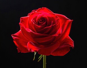 Saturated red rose, isolated against black, close-up shot showcasing its intricate petal structure and subtle stem. Warm light highlights the flower