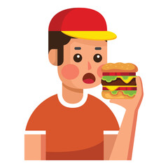 Person wearing a red and yellow hat eating a large burger