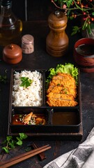 Bento box lunch with fried chicken and rice