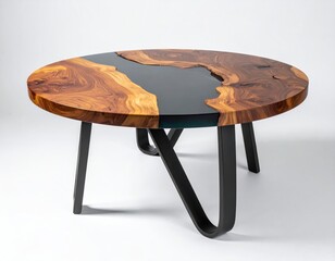 Elegant coffee table smooth wood planks with dark resin "river" center, on black metal legs. Minimalist and stylish design on a white background