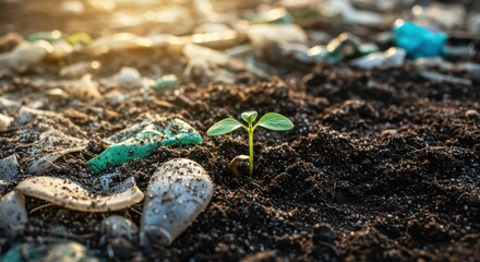 A green plant seedling growing from dark soil surrounded by plastic waste and pollution. Concept of microplastic pollution in nature. World earth day or world environment day background.