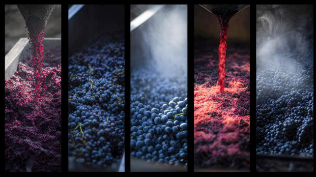 Pouring freshly crushed grapes into fermentation vat with vibrant colors of wine and grape skins visible, highlighting winemaking process and rich textures of fruit.