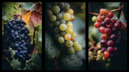 Fototapeta premium Fresh grapes hanging on vine surrounded by green leaves showcasing a mix of colors including black, red, and green with dew drops gening in natural light.