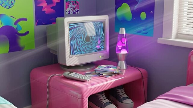 Cozy Y2K Teen Bedroom: Nostalgic CRT Screen with Vortex Graphics, Glowing Lava Lamp, and Vintage Cordless Phone in a Playful Purple and Pink Interior y2k 