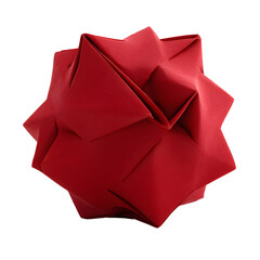 A complex red modular origami polyhedron, a beautifully handcrafted geometric sphere isolated on a clean white background