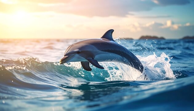 Dolphin leaps from ocean wave at sunset