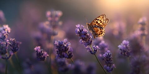Serene Butterfly Among Lavender Flowers in Golden Evening Light with Soft Bokeh Effect