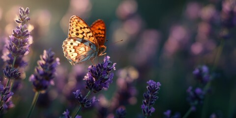 Serene Butterfly Among Lavender Flowers in Golden Evening Light with Soft Bokeh Effect