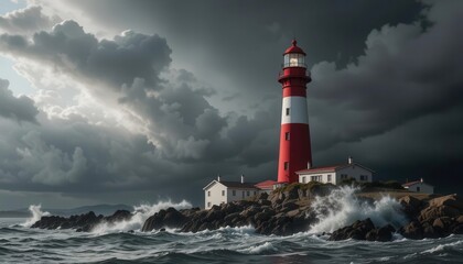 Obraz premium Vermillion Sentinel Striking Red White Lighthouse Image Stormy Weather, Powerful Waves, Dynamic Composition, Modern Retro