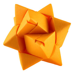 Intricate orange origami star with complex geometric folds, a beautiful example of modular papercraft isolated on a pure white background
