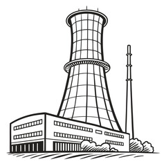Vector art of monochrome illustration of a nuclear power plant this detailed vector graphic showcases a modern facility with cooling tower and a reactor building
