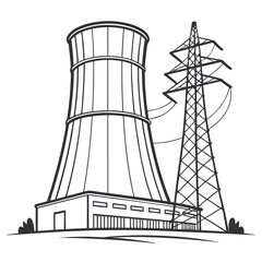 Vector art of monochrome illustration of a nuclear power plant this detailed vector graphic showcases a modern facility with cooling tower and pylon