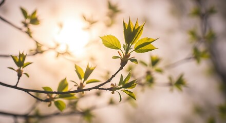High-resolution nature photograph of spring branch with vibrant young green leaves
