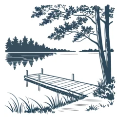 Fototapeten Pier Vector art of a peaceful lake scene featuring a wooden pier extending into the calm water, surrounded by trees and lush vegetation, captured in a detailed sketch  © md solaimas