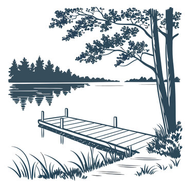 Vector art of a peaceful lake scene featuring a wooden pier extending into the calm water, surrounded by trees and lush vegetation, captured in a detailed sketch