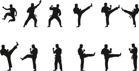 Martial arts silhouette vector set, karate kicks, taekwondo poses, fighter stances, self defense illustration, training, combat, discipline, sport, movement
