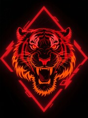 Neon Red Tiger Head with Geometric Frame and Fiery Design Illustration