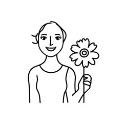 Black and white vector illustration of a beautiful woman holding a flower, minimal clean line art style
