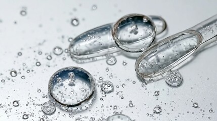 Close-up of transparent liquid droplets and pipettes on a reflective surface, showcasing clarity and precision in a scientific or laboratory setting.