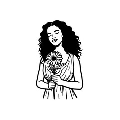 Black and white vector illustration of a beautiful woman holding a flower, minimal clean line art style
